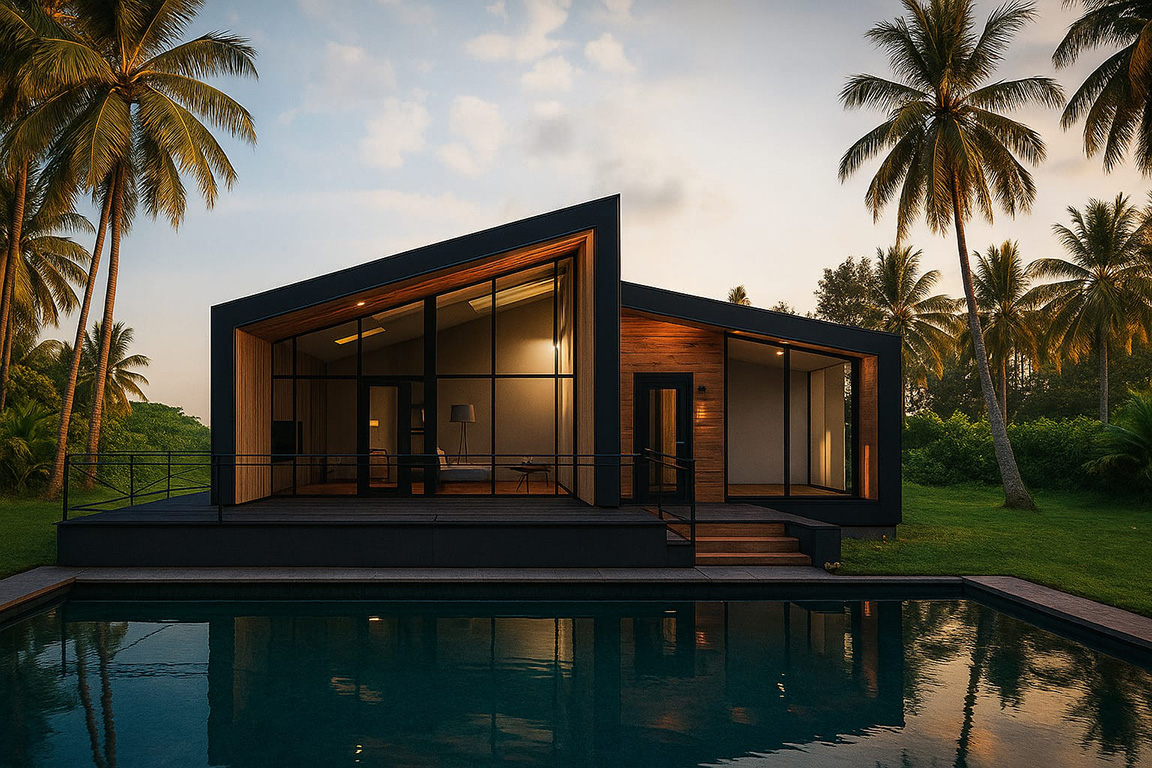 Maison contemporaine moderne à La Réunion - métal noir et bois clair au coucher de soleil